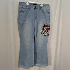 Ed Hardy Love Kills Slowly Painted Embroidered Skull Tattoo Jeans